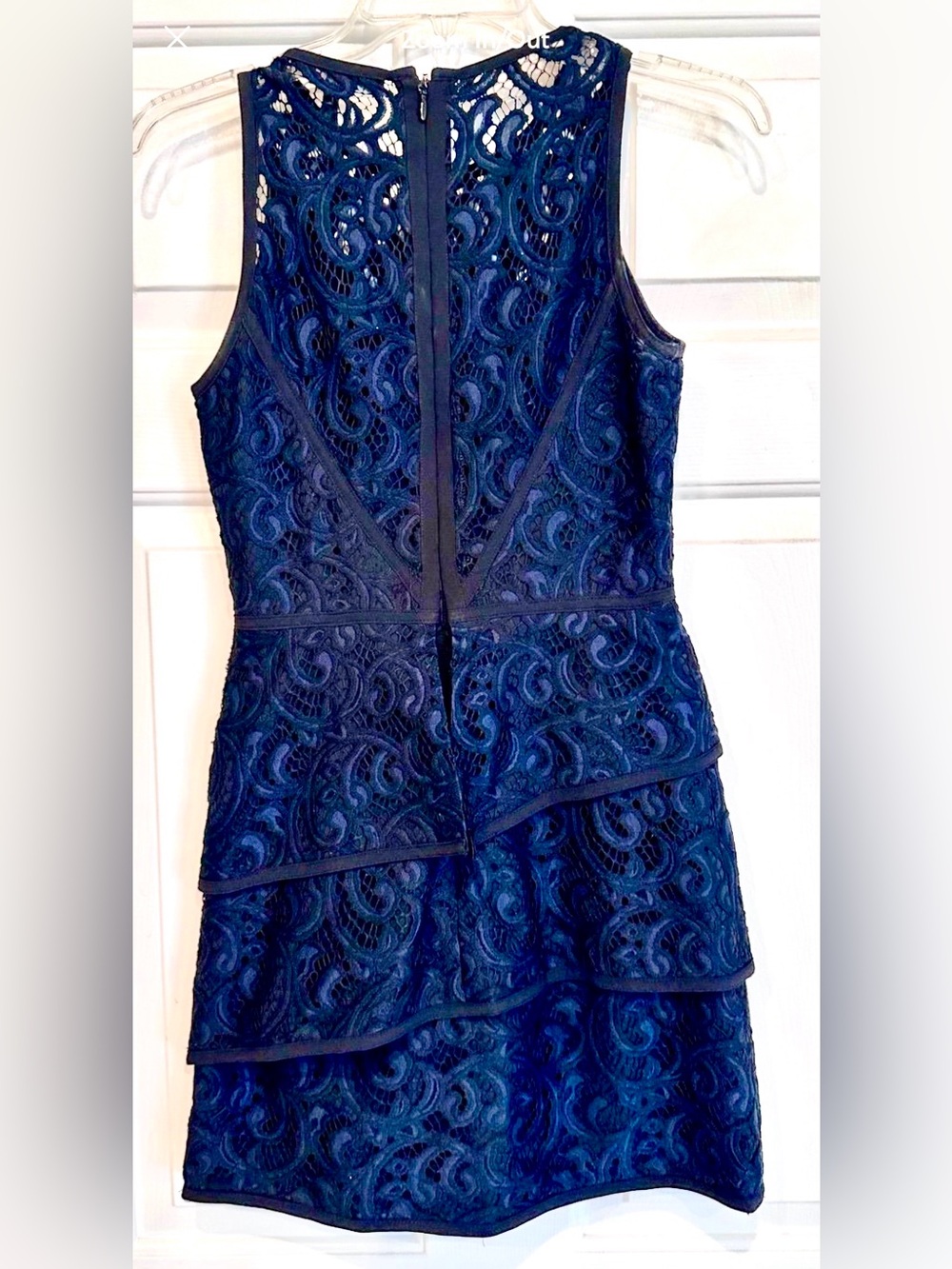 BCBGMAXAZRIA Navy Lace Dress Asymmetrical Tiered Illusion Neck Size 0 Whimsygoth - Picture 5 of 12